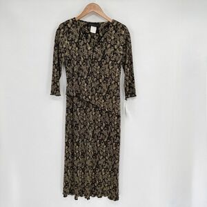 Connected Apparel Vtg Gold/Black Paisley‎ Ribbed 3/4 Sleeve Dress Women's Sz 8P